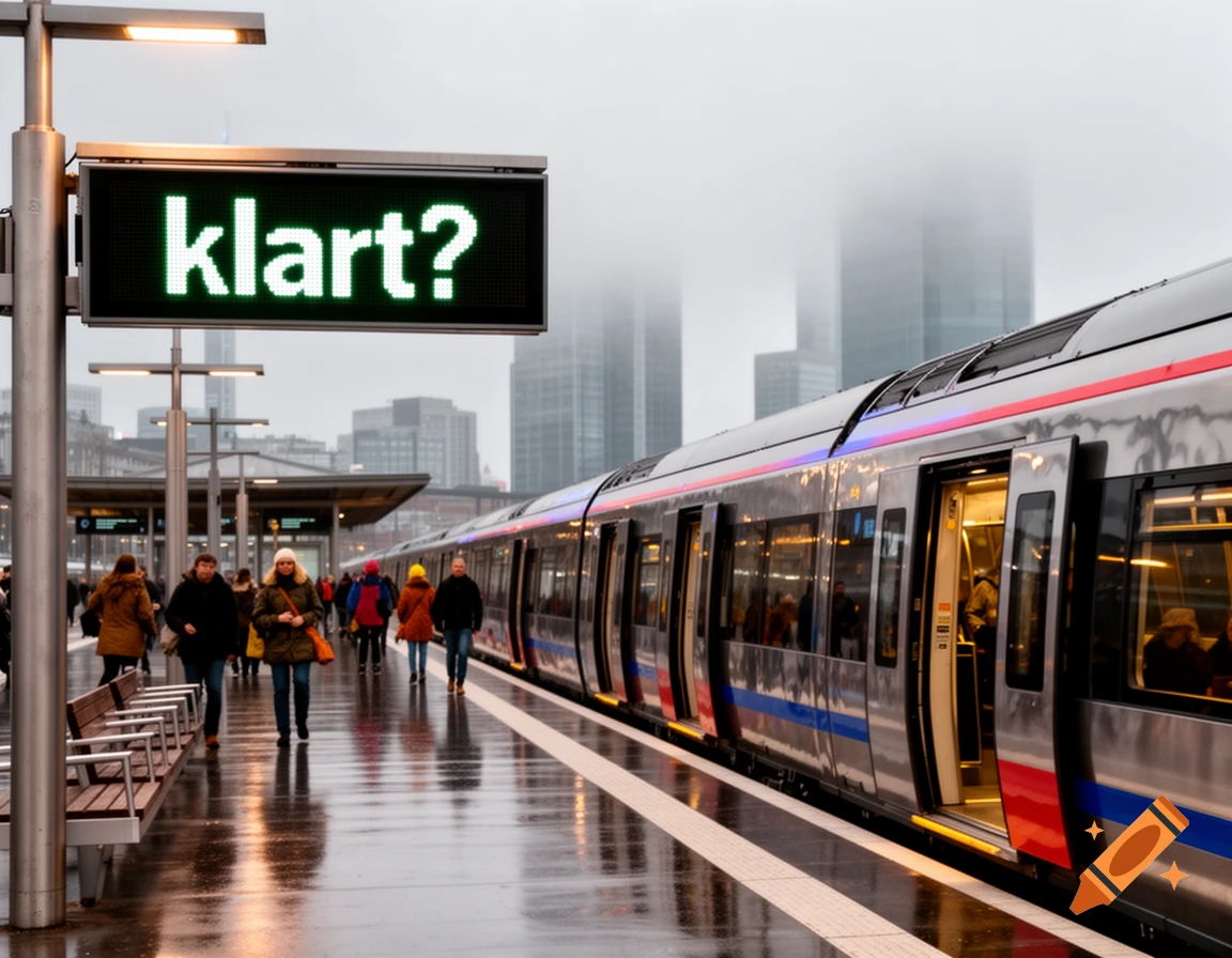 A modern train at a wet station platform under an overcast sky, with people walking and a digital sign reading 'klart?'.
