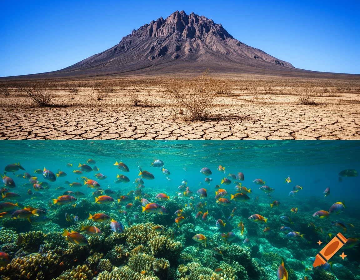 A split image showing dry, cracked earth with a mountain above and a vibrant coral reef with colorful fish below.