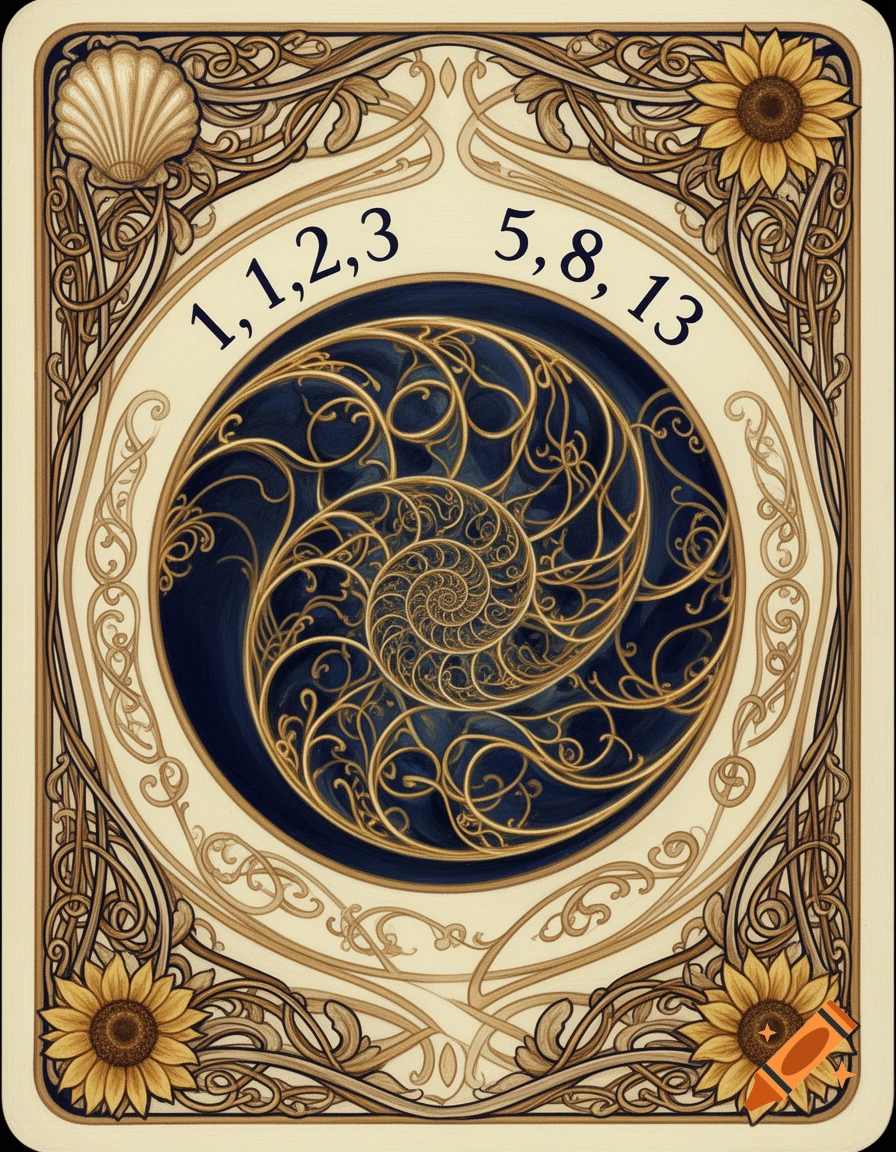 An Art Nouveau style decorative card featuring a central Fibonacci spiral, surrounded by sunflowers, a seashell, and the numbers 1,1,2,3 and 5,8,13.