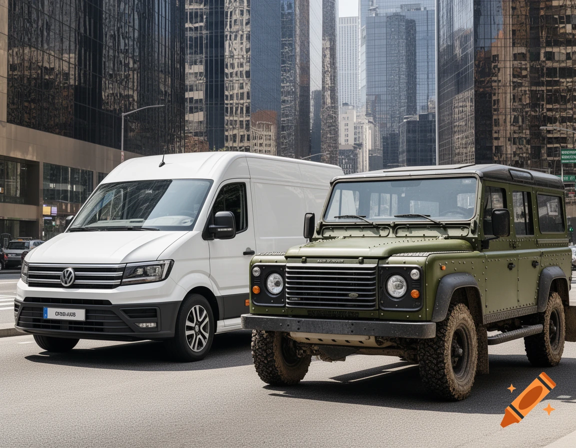 A white Volkswagen Crafter van and a green Land Rover Defender 110 SUV are parked on a city street with tall buildings in the background.
