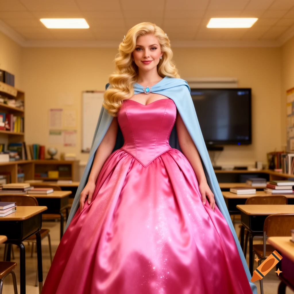 A smiling blonde woman in a vibrant pink ballgown and light blue cape stands in a classroom.