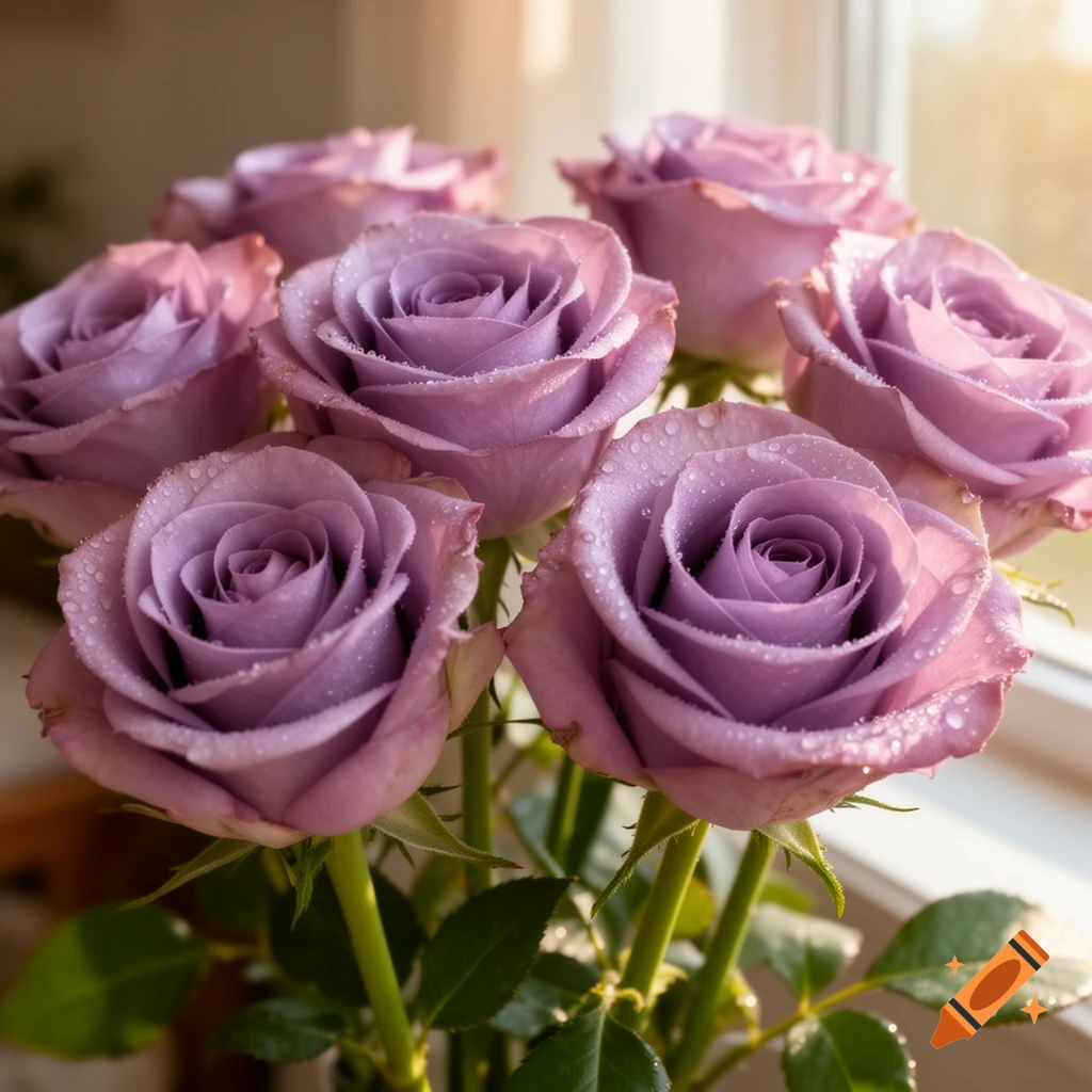 Close-up of a bouquet of photorealistic lavender roses covered in water droplets, bathed in soft light by a window.