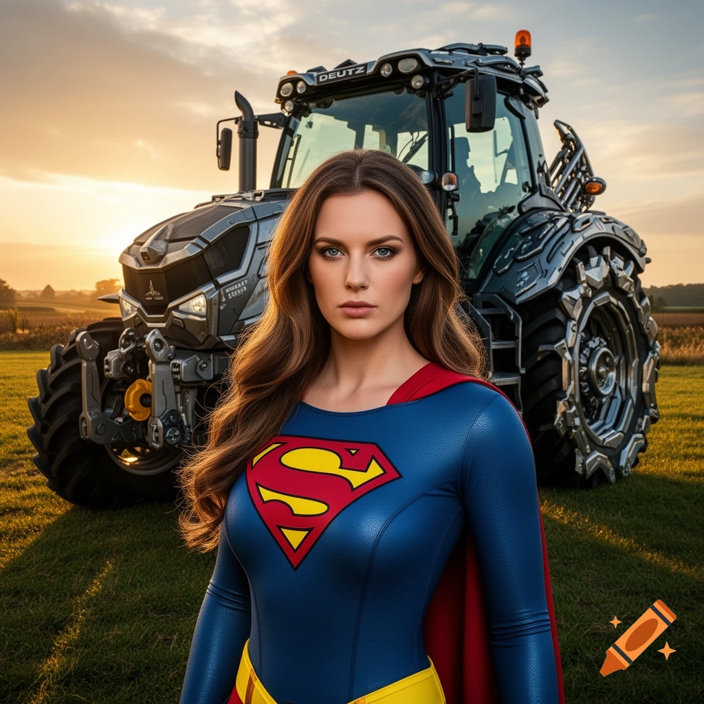 Superwoman with long brown hair stands in a field at sunset, with a large, modified gray tractor in the background.