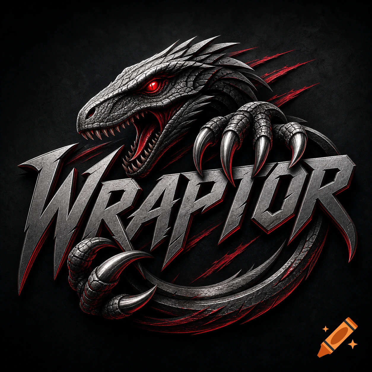 A menacing gray scaled raptor head with glowing red eyes and sharp claws grips a metallic 'WRAPTOR' logo, surrounded by red scratch marks on a dark background.