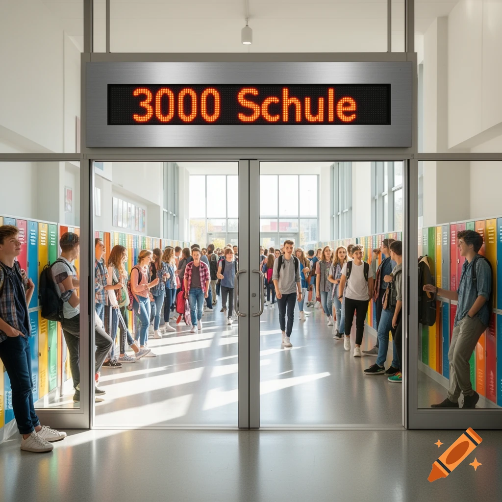 A crowded school hallway filled with students walking and standing by colorful lockers, beneath a digital sign reading '3000 Schule'.