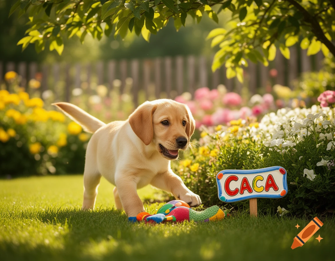 Photorealistic golden retriever puppy playing with colorful toys next to a "CACA" sign in a sunny garden.