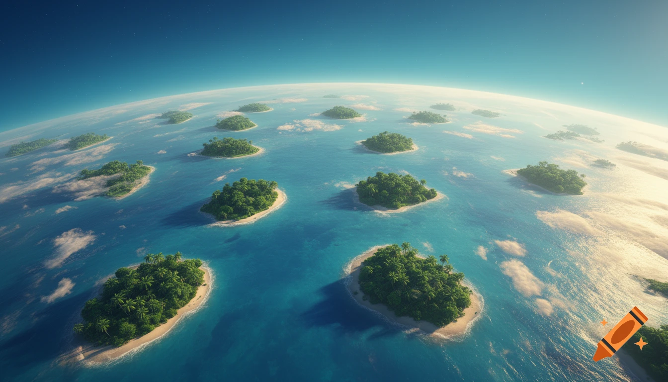 Aerial view of a vast blue ocean with numerous small, lush tropical islands curving around a planet.