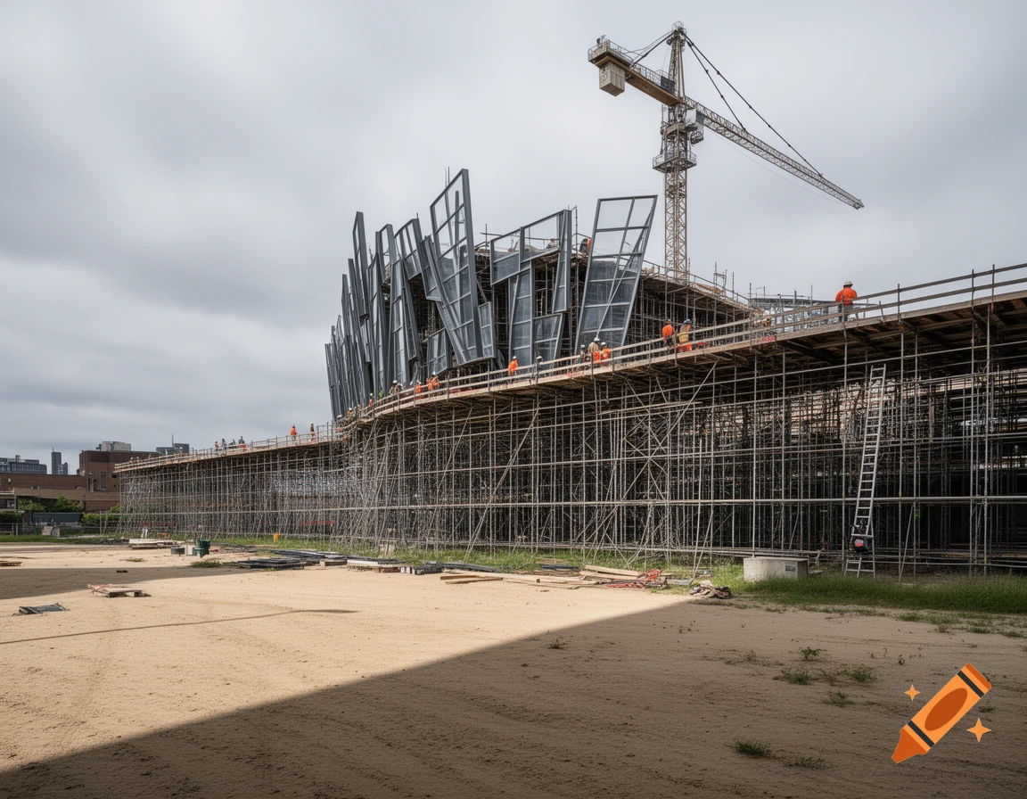 A modern building under construction with extensive scaffolding and a towering crane against a cloudy sky, with a dirt lot in the foreground.