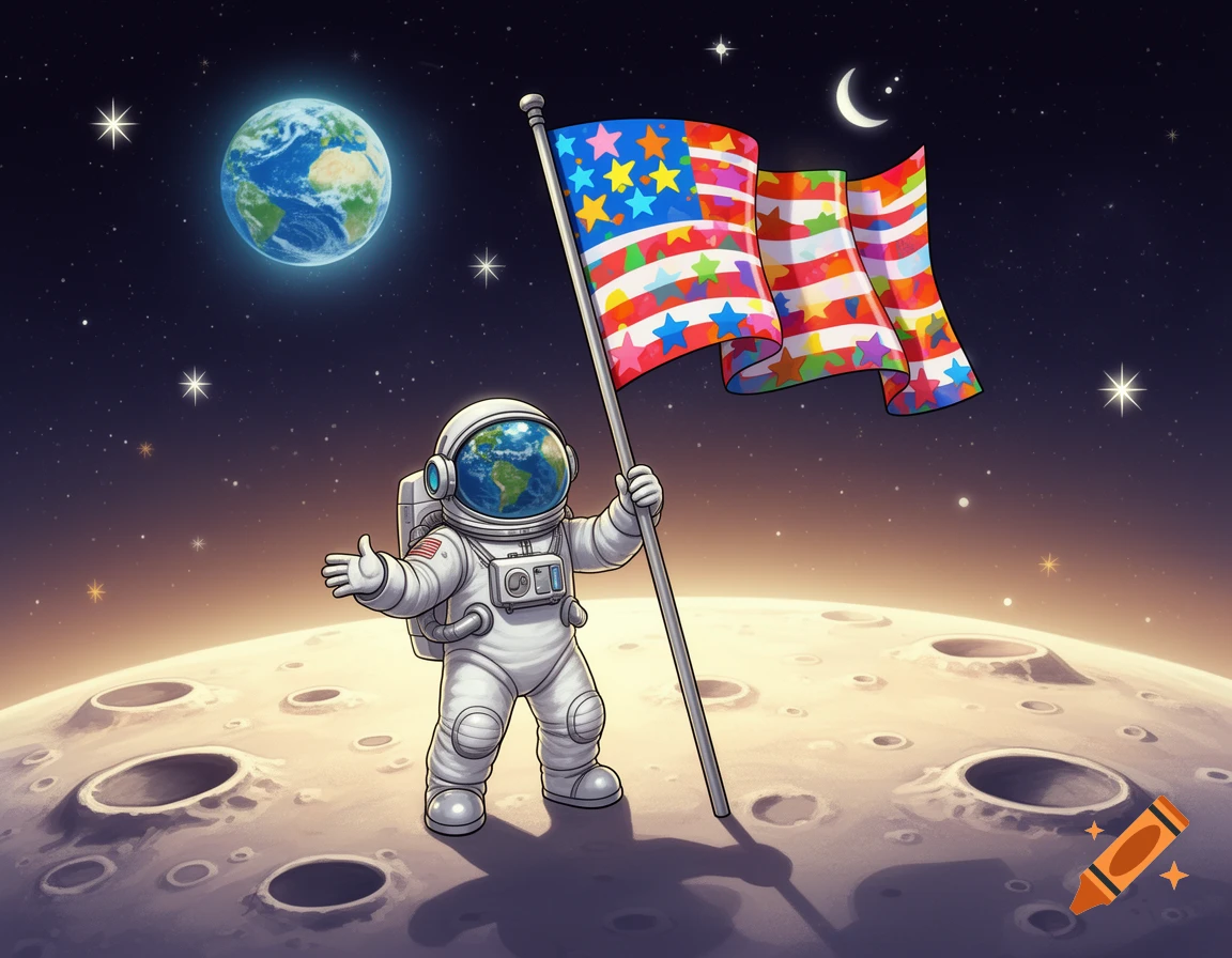 A cartoon astronaut stands on the moon, holding a colorful flag, with Earth and stars in the background.