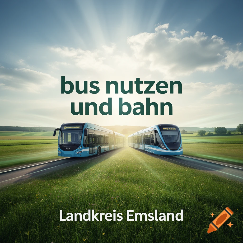 A photorealistic image of a blue bus and a blue tram moving on separate paths through a vibrant green field under a sunny sky. Text reads 'bus nutzen und bahn' and 'Landkreis Emsland'.