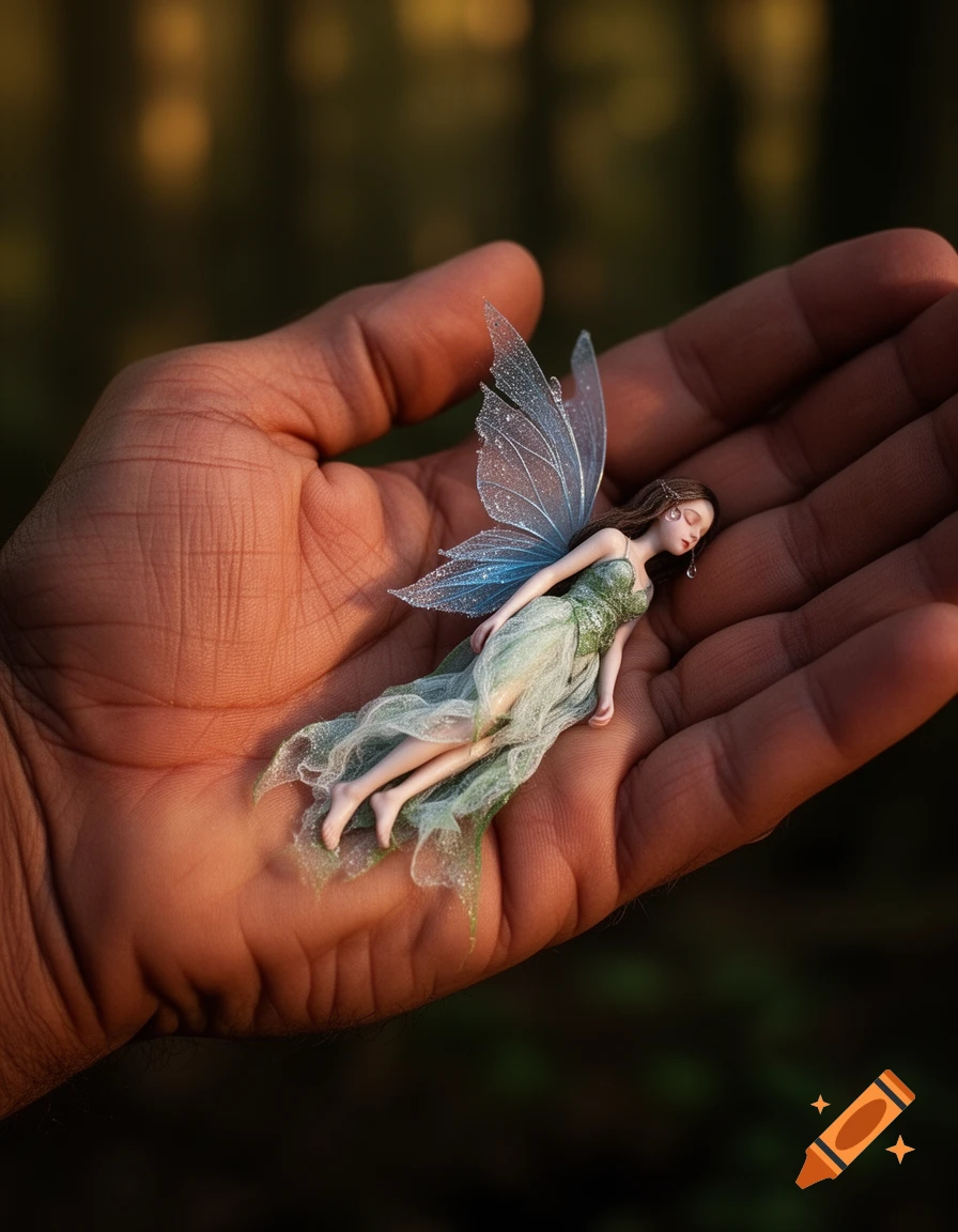 A small, delicate fairy with shimmering blue wings and a green dress lies in the palm of a large human hand.