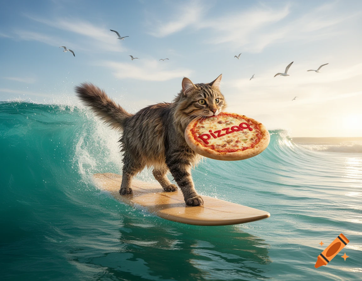 A photorealistic tabby cat surfs a turquoise wave, holding a pizza with 'pizzaq' in its mouth, under a sunny sky.