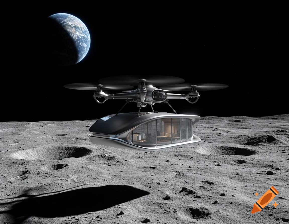 A futuristic drone carrying a modern house lands on the moon's cratered surface, with Earth in the dark sky. Photorealistic.