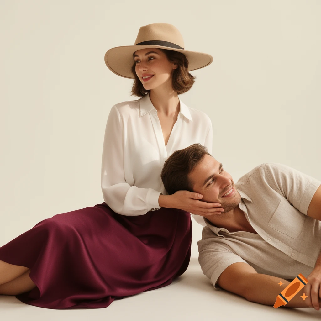 A woman in a hat, white blouse, and burgundy skirt sits as a man rests his head on her lap, both smiling.