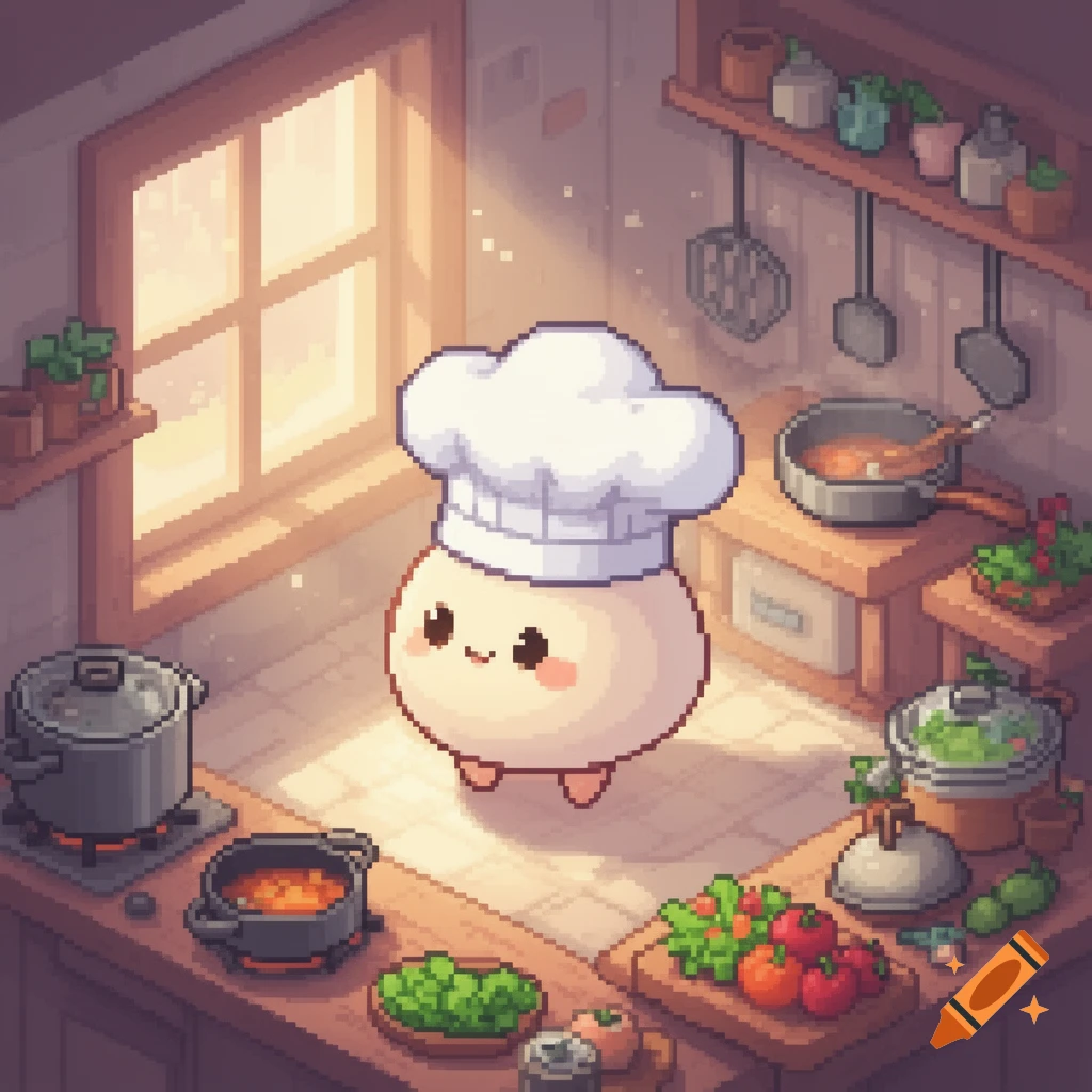 A cute mochi chef in an isometric pixel art kitchen with pots and ingredients.