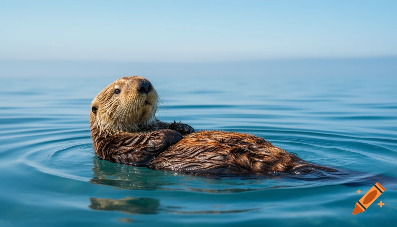 A close-up, photorealistic shot of a sea otter floating on its back in calm blue ocean water under a clear sky.