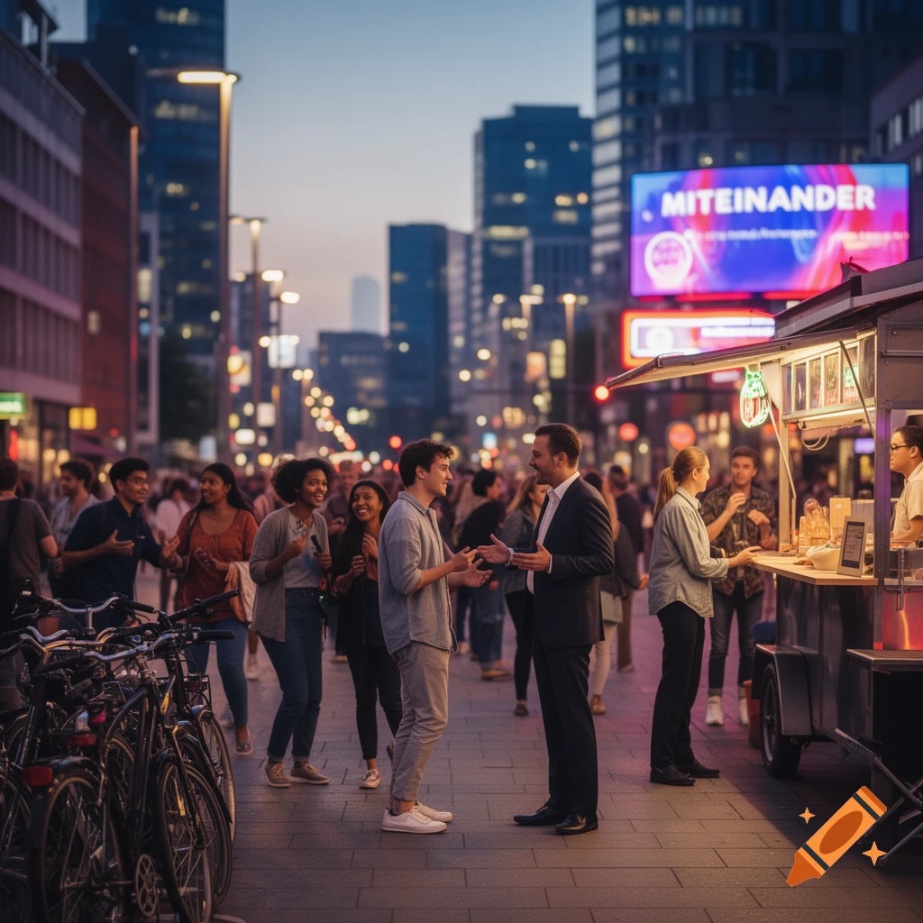 Photorealistic image of people on a city street at dusk, with a food stall and a large billboard displaying 'MITEINANDER' in the background.