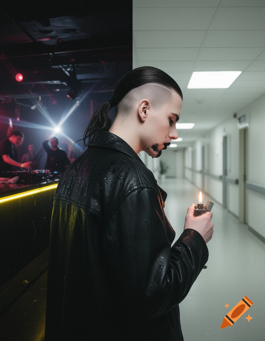 A young gothic man in a wet black leather coat holds a lit Zippo lighter. The background is split between a dark techno club and a sterile hospital corridor.