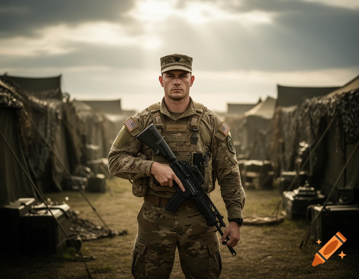 A stoic male soldier in camouflage uniform and cap holds a rifle, standing in a dusty military encampment under a cloudy sky.