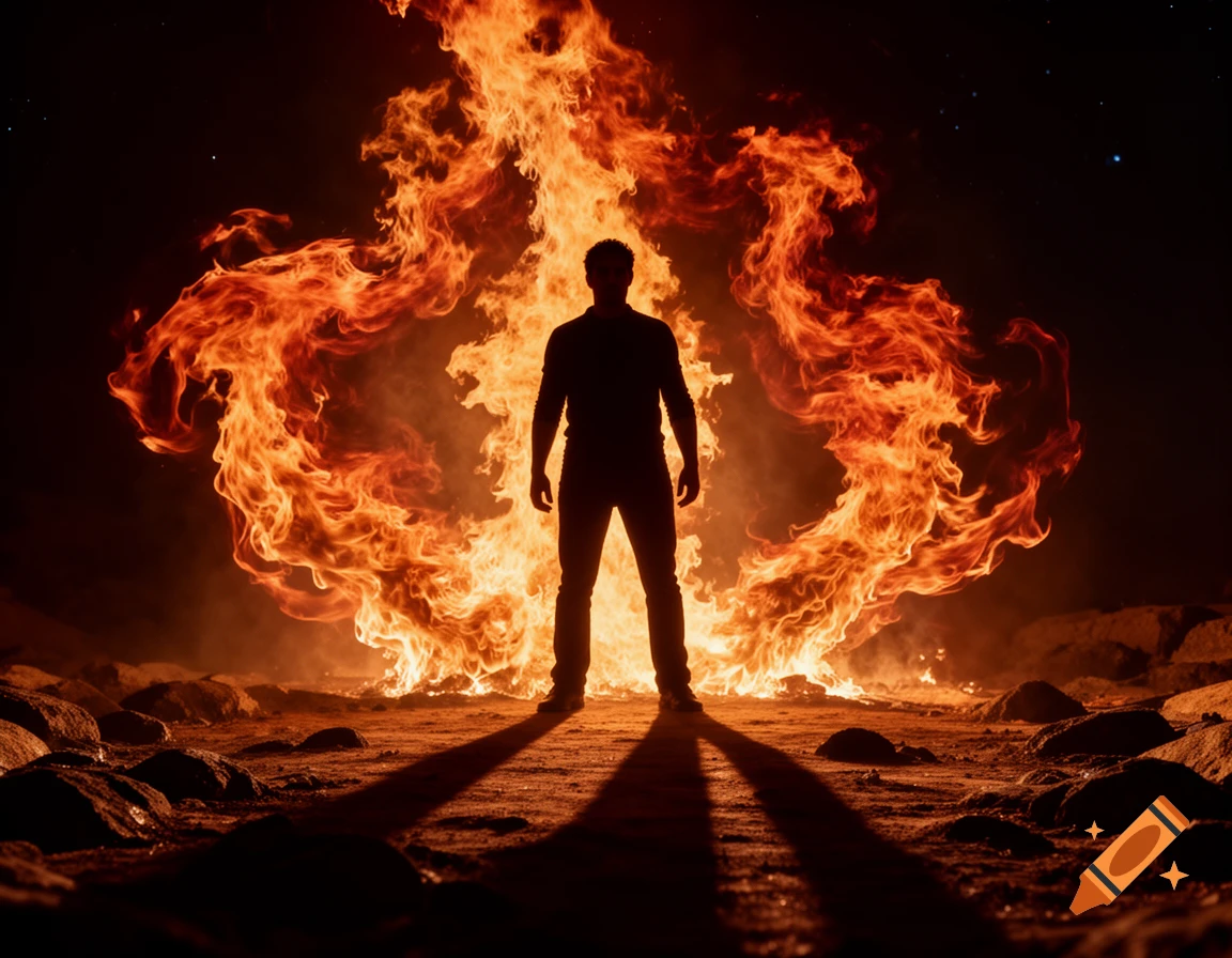 Dark silhouetted man standing before a massive, swirling fire at night, casting long shadows on the rocky ground.
