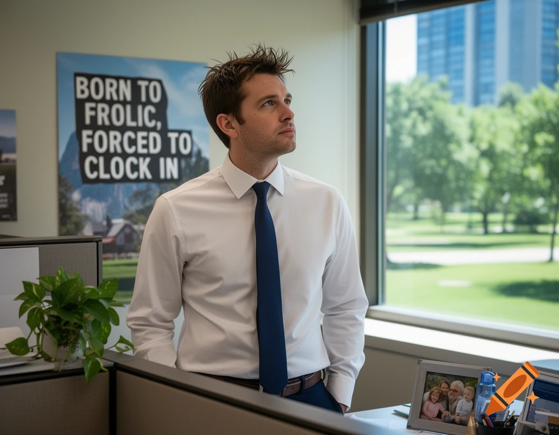 A man in a white shirt and blue tie stands in an office cubicle with a poster and a window view of trees.