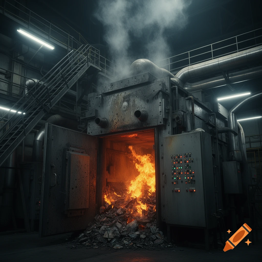 Photorealistic industrial incinerator with open door showing burning debris and flames. Smoke rises from the machinery in a dark factory setting.