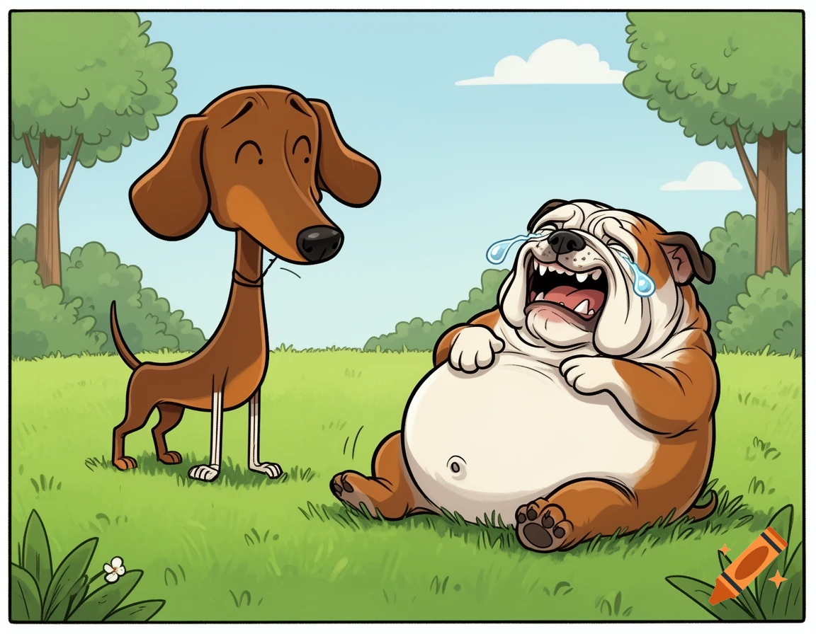 A cartoon brown dachshund with a normal head and extremely thin stick-figure body stands next to a fat bulldog laughing hysterically with tears in a park.