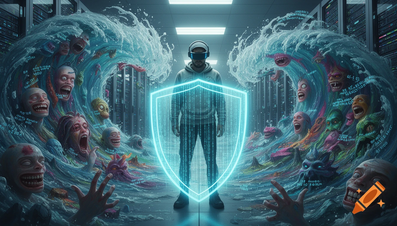 IT professional with glowing binary shield defends a server room from a chaotic wave of monstrous, distorted faces and hands in a cyberpunk style.