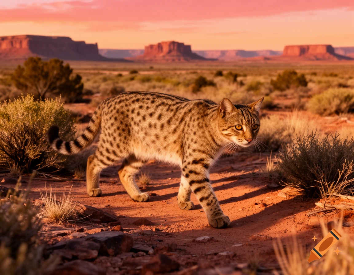 A spotted wild cat walks through a rocky desert at sunset, with mesas in the background. Photorealistic style.
