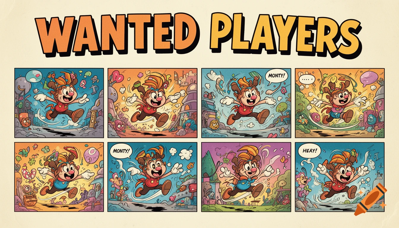 An 8-panel comic strip featuring a cartoon character named Monty running excitedly, with the title "WANTED PLAYERS".