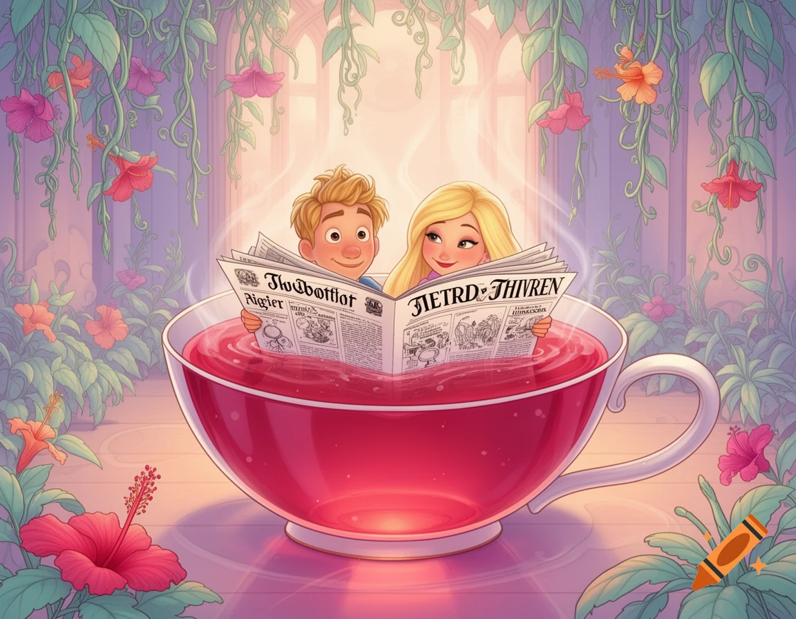 Cartoon man and woman float in a giant teacup of hibiscus tea, reading a newspaper in a magical room with exotic plants, Pixar style.