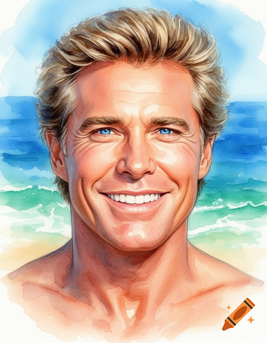 Watercolor portrait of a smiling man with blonde hair and blue eyes, against a bright blue ocean and sandy beach background.