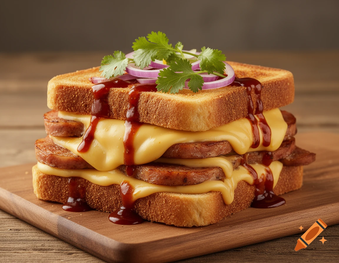 A stacked sandwich featuring toasted bread, melted cheese, slices of sausage, drizzled BBQ sauce, red onion rings, and cilantro on a wooden cutting board.
