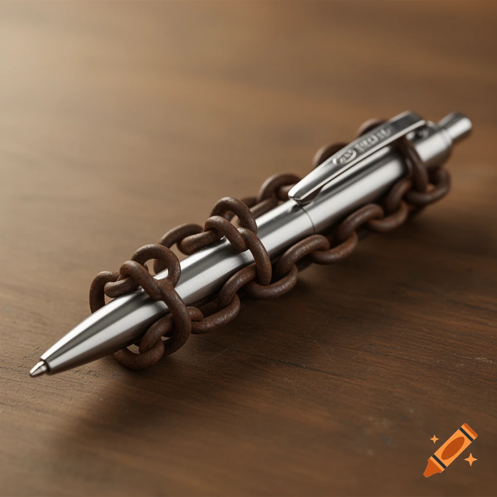 A silver ballpoint pen wrapped in rusty metal chains, lying on a wooden surface. Photorealistic style.