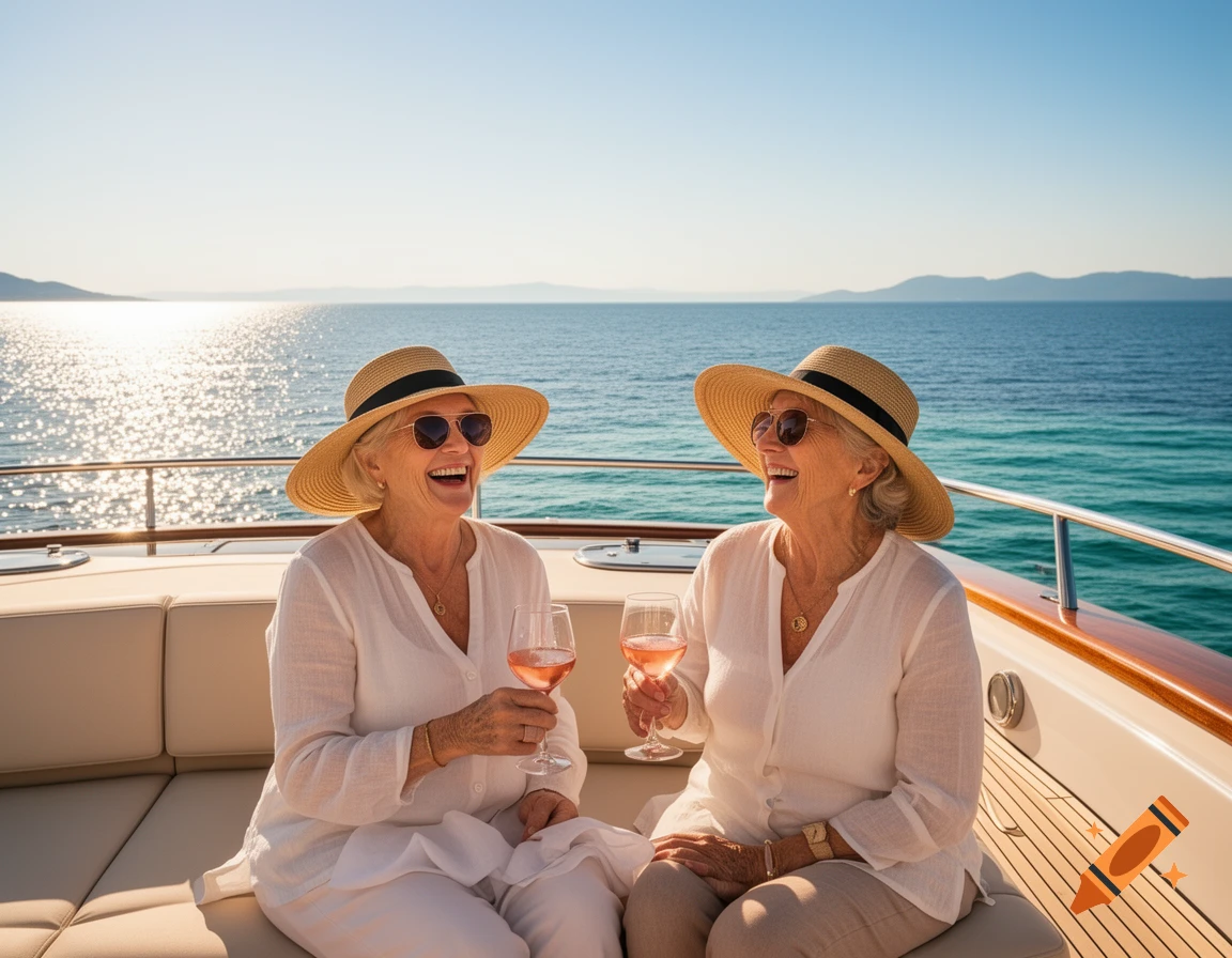 Two elderly women in hats and sunglasses laugh while drinking rosé wine on a yacht under a sunny sky.