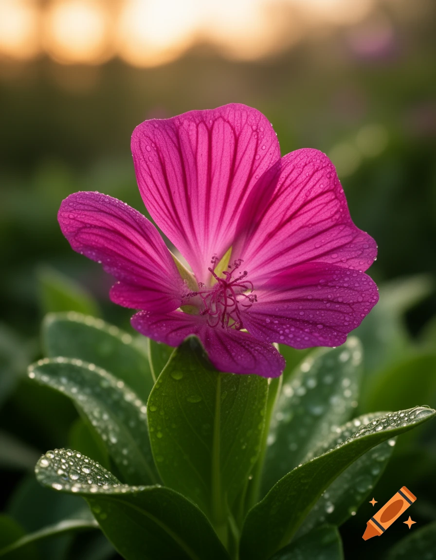 Close-up of a vibrant pink flower covered in water droplets, with lush green leaves and a soft, golden-hour background.