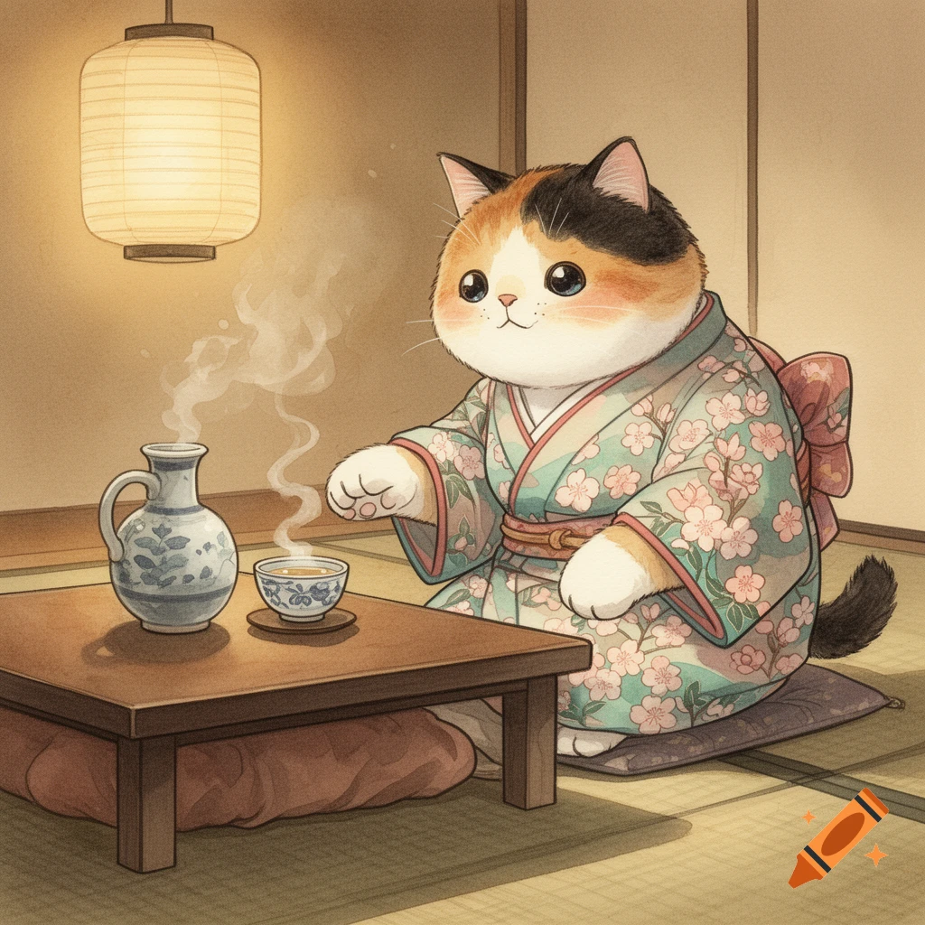 A stylized calico cat in a floral kimono sits at a low table with a steaming cup and a pitcher, under a glowing lantern in a cozy Japanese room, in a watercolor style.