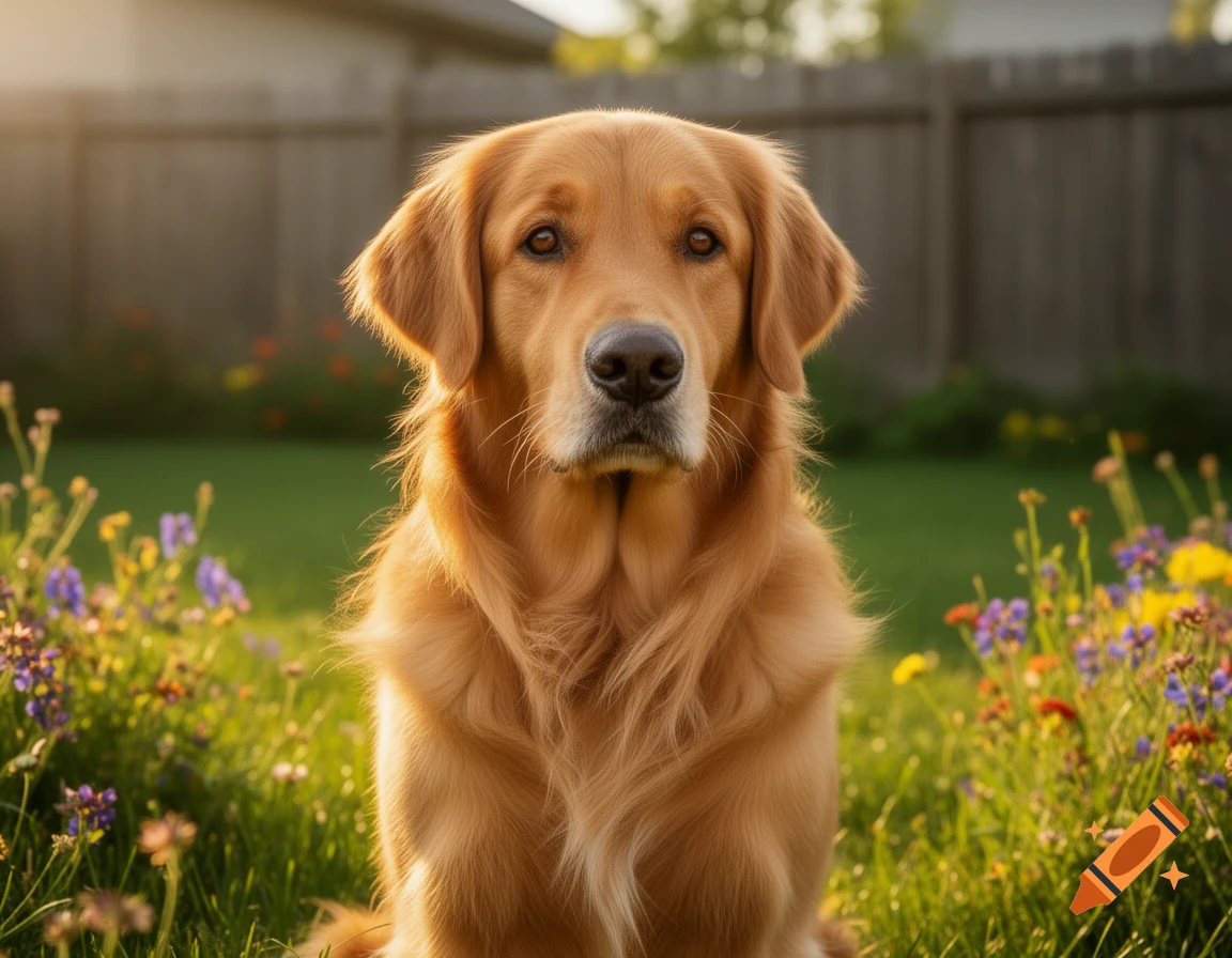 A golden retriever sits in a sunny garden with colorful flowers ...