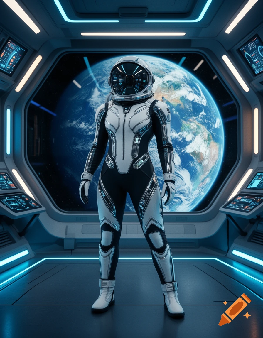 A woman in a futuristic black and white spacesuit stands in a spaceship cockpit, with Earth visible through the window.