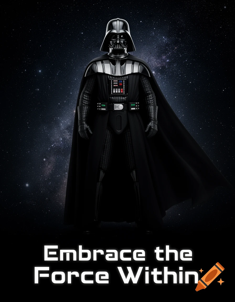A full-body shot of Darth Vader standing in his black armor and cape against a dark starry night sky, with white text "Embrace the Force Within" below.