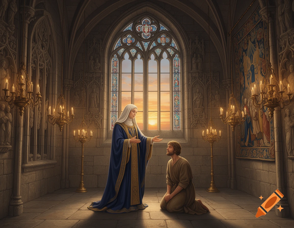 A woman in a blue and white robe stands before a kneeling man in a gothic chapel with a large stained glass window and sunset light.