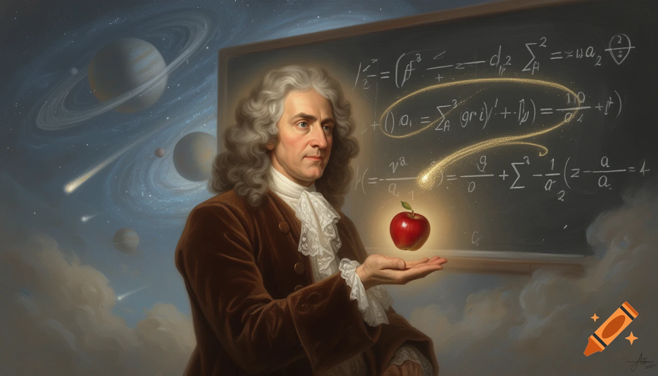 A classical painting of Isaac Newton holding a glowing red apple, with mathematical equations on a chalkboard and planets in a starry sky behind him.