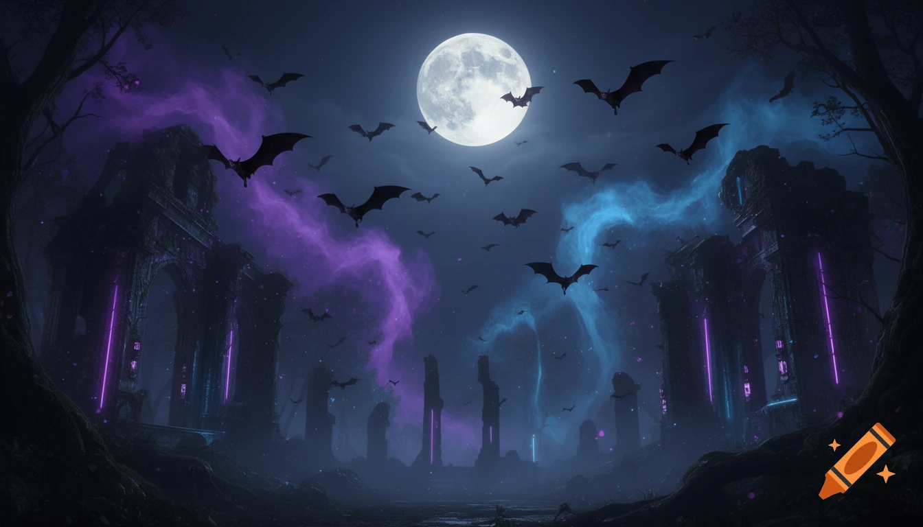 A full moon illuminates a dark fantasy landscape with many bats flying over gothic ruins amidst glowing purple and blue mist.