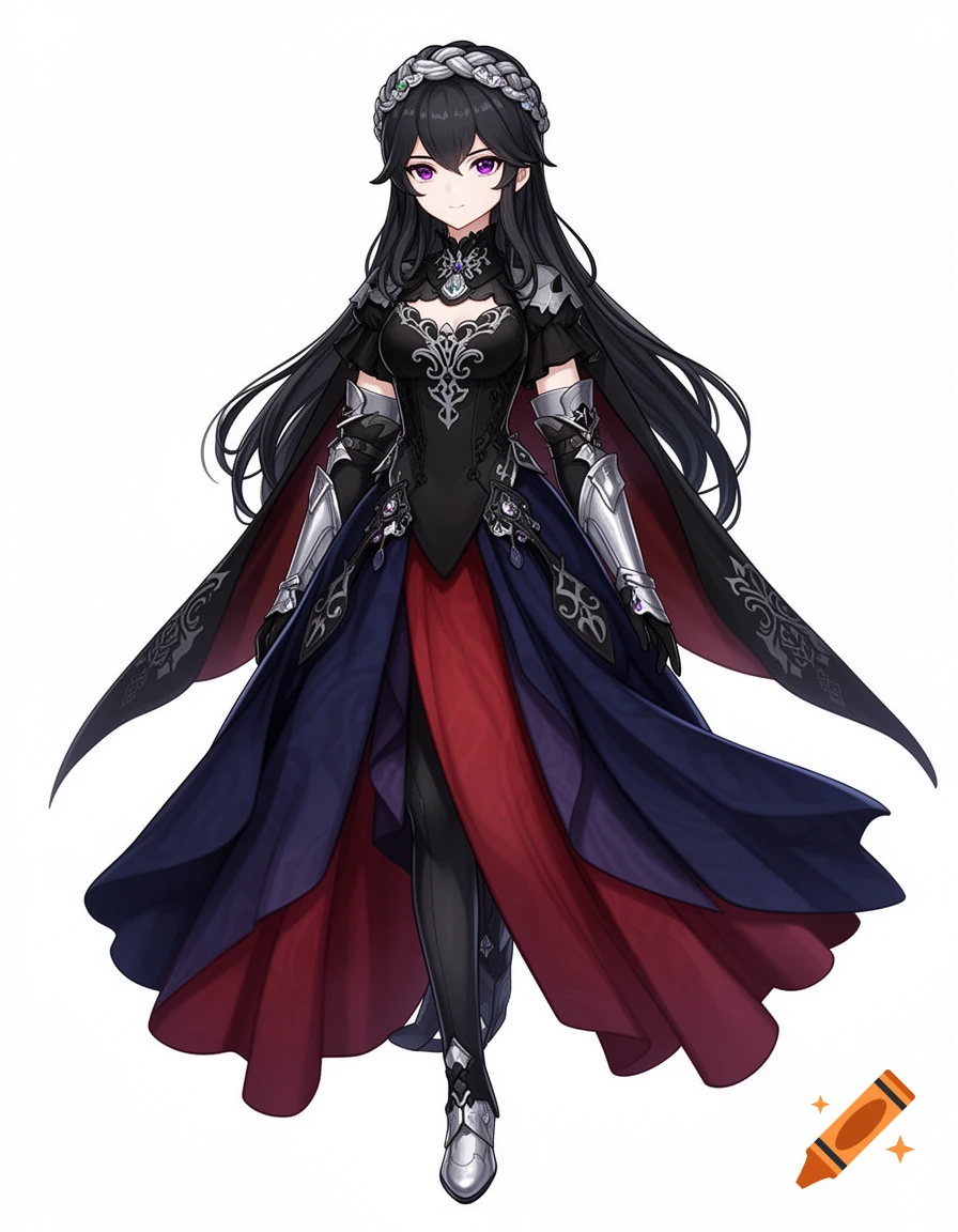 Anime girl with long black hair and purple eyes, wearing a black, red ...