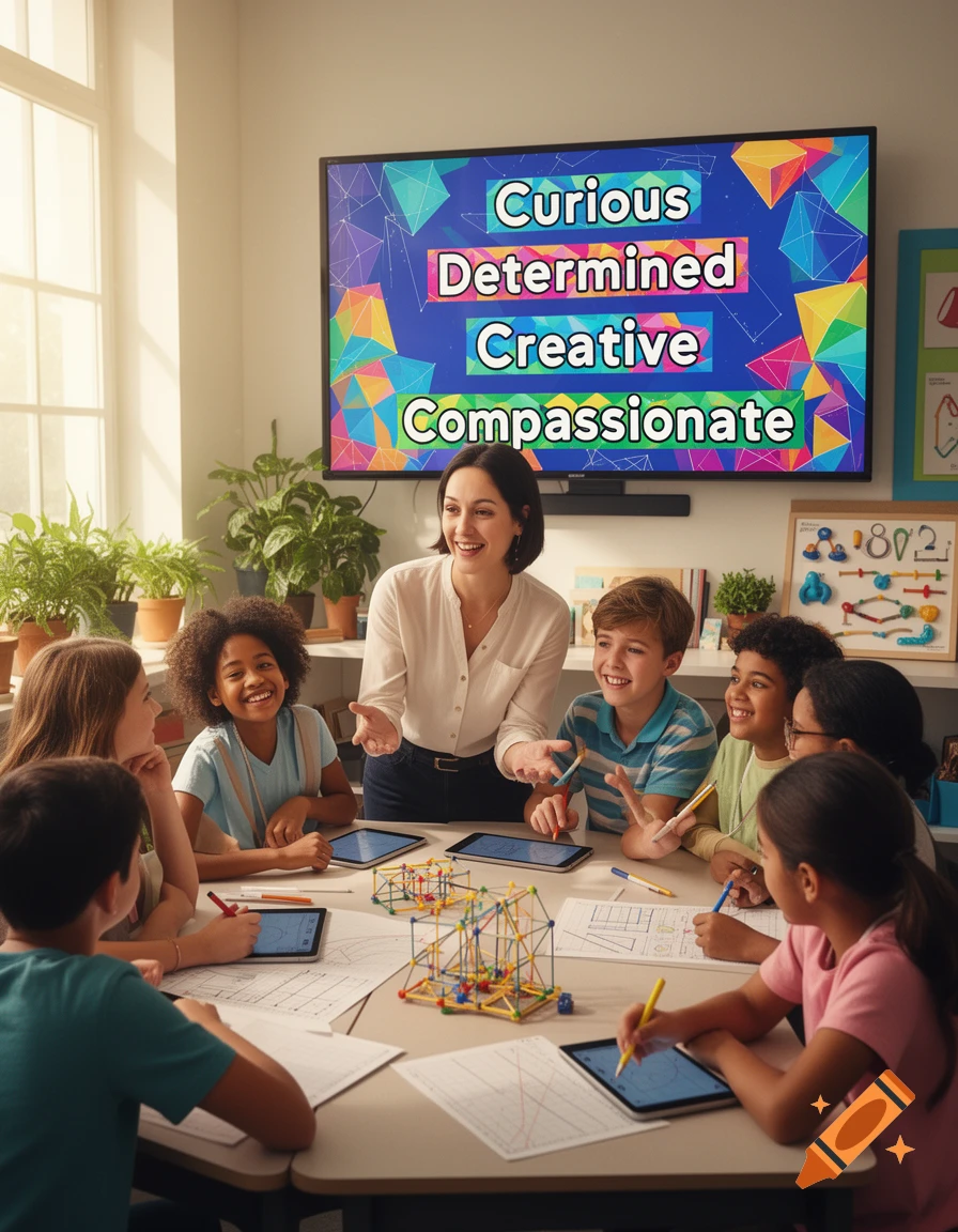 A teacher smiles at diverse students working on tablets at a classroom table, with a screen showing "Curious, Determined, Creative, Compassionate".