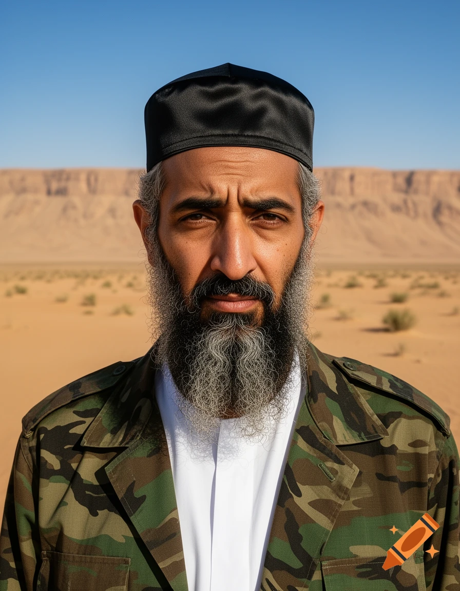 A close-up, photorealistic portrait of a man with a grey beard and a black cap, wearing a white tunic and camouflage jacket, standing in a desert with mountains in the background under a clear blue sky.