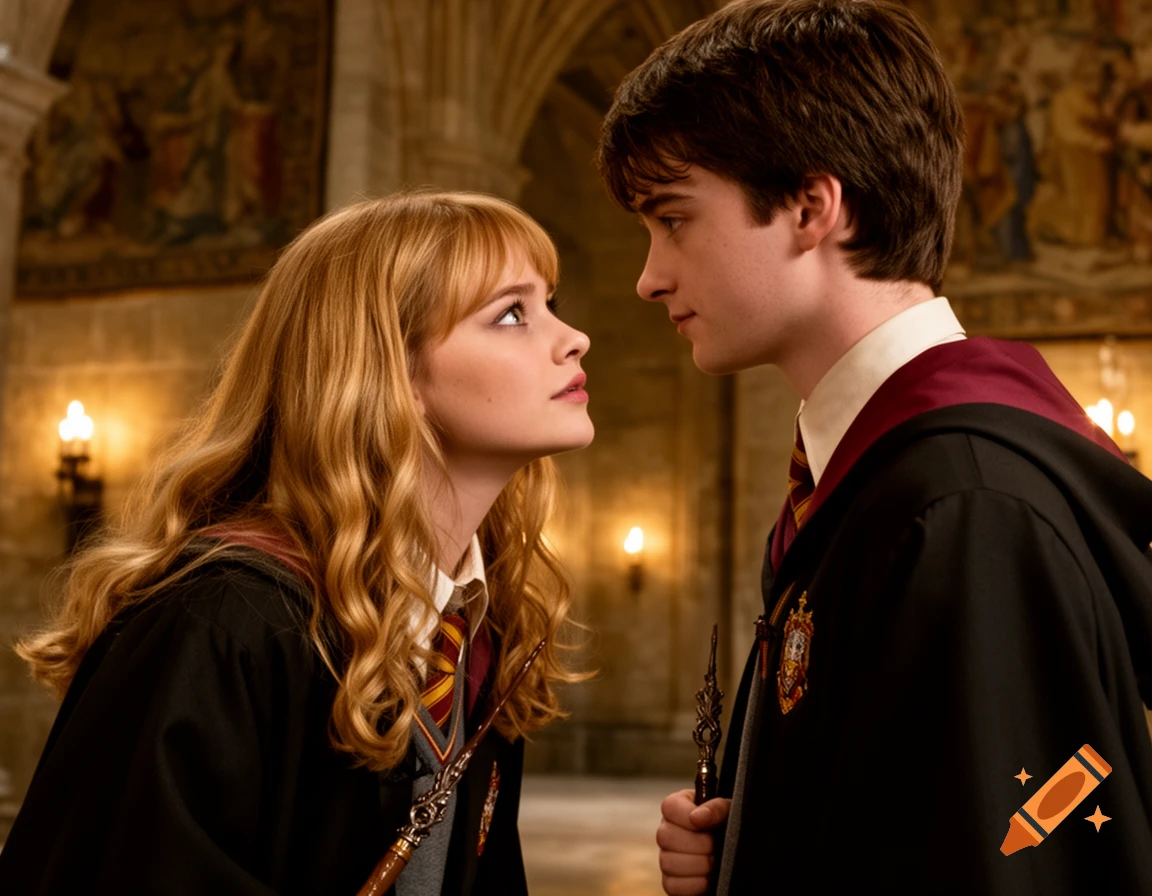 Hermione Granger and Harry Potter in wizard robes look intently at each other in a grand, ornate hall.