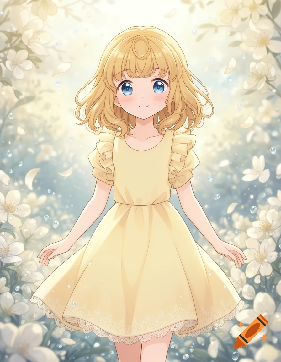 A cute anime girl with blonde curly hair and blue eyes wears a yellow ruffled dress, standing amidst white flowers and falling petals.
