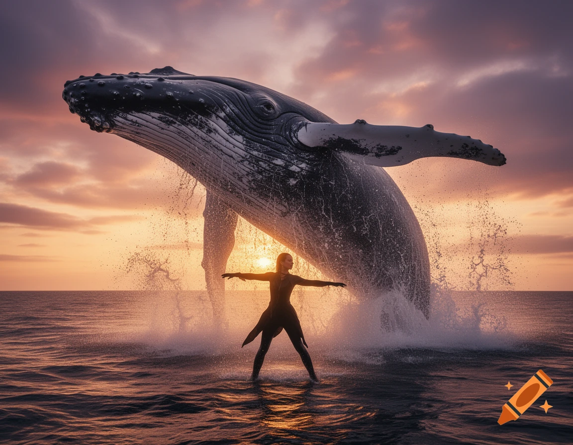 Photorealistic image of a humpback whale breaching high out of the ocean next to a person with outstretched arms at sunset.