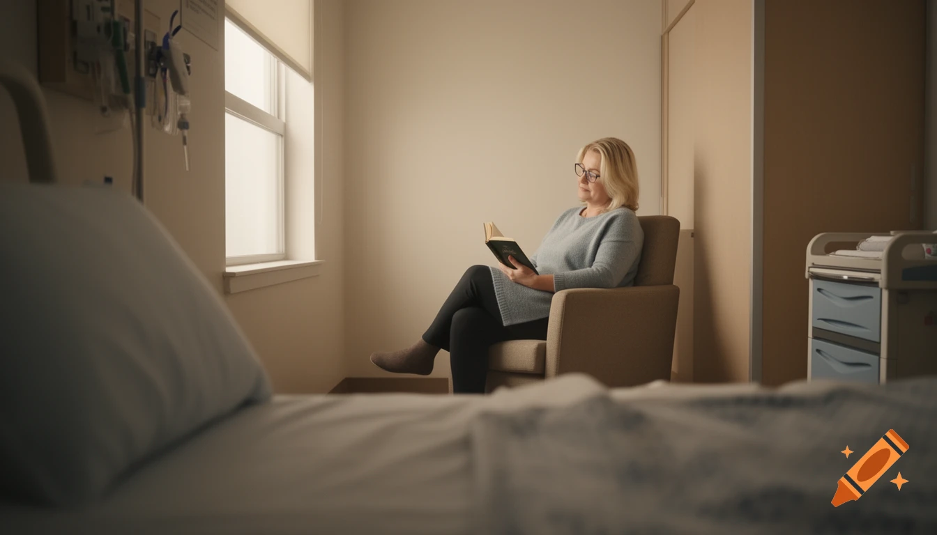 Woman with blonde hair and glasses reads a book in a chair in a hospital room, viewed from a blurry patient bed.